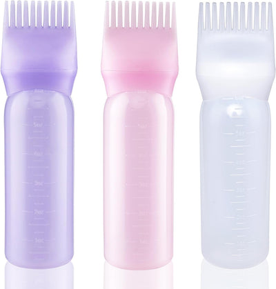 Root Comb Applicator Bottle 6 Ounce Hair Dye Applicator Brush 3 Pack Applicator Bottle for Hair Root Comb Color Applicator Bottle with Graduated Scale(Pink White Purple)