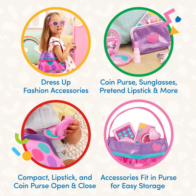 Princess Purse Style Set – Pretend Play Multicolor Handbag and Fashion Accessories – Toy Makeup, Keys, Lipstick, Credit Card, Phone, and More