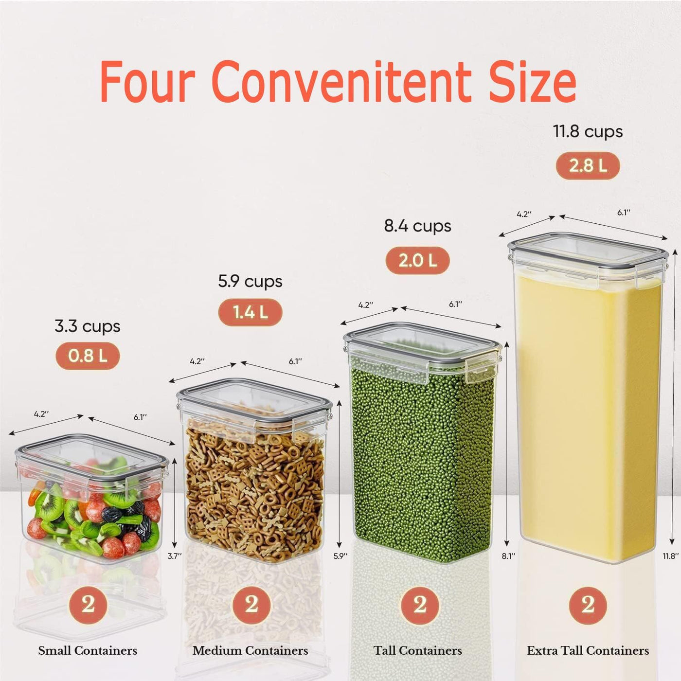 Airtight Food Storage Container Set of 8, Pantry Organization Containers, Plastic Kitchen Storage Canister Sets with Lids, Stackable Food Container Sets for Cereal, Flour, Snack - Clear (Set of 8)