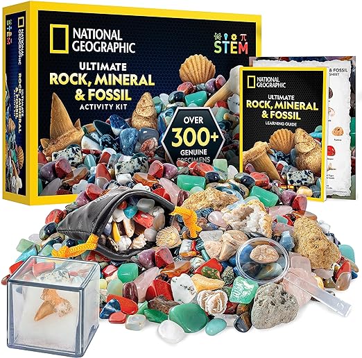 NATIONAL GEOGRAPHIC Rocks & Fossils Kit – 300+ Piece Set Includes Geodes,  Real Fossils, Rose Quartz, Jasper, Aventurine & Many More Rocks, Crystals & 