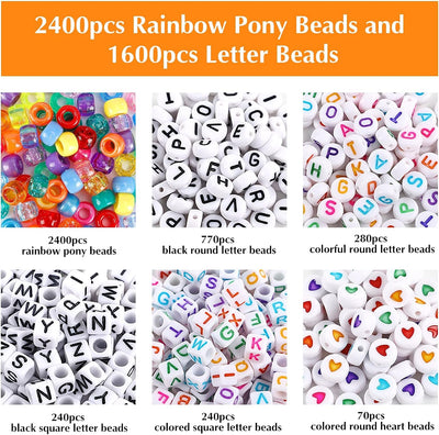 4000pcs Pony Beads Kit, 2400pcs Rainbow Kandi Beads and 1600pcs Letter Beads, 24 Colors Plastic Craft Beads Bulk for Bracelets Jewelry Making with 20m Crystal String and 30m Elastic String
