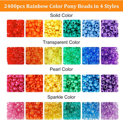 4000pcs Pony Beads Kit, 2400pcs Rainbow Kandi Beads and 1600pcs Letter Beads, 24 Colors Plastic Craft Beads Bulk for Bracelets Jewelry Making with 20m Crystal String and 30m Elastic String
