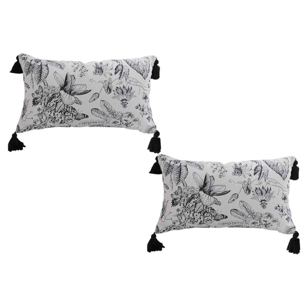 SOGA 2X 35cm Throw Pillow  Black and White Floral Print Elegant with Tassel Accents Home Decor