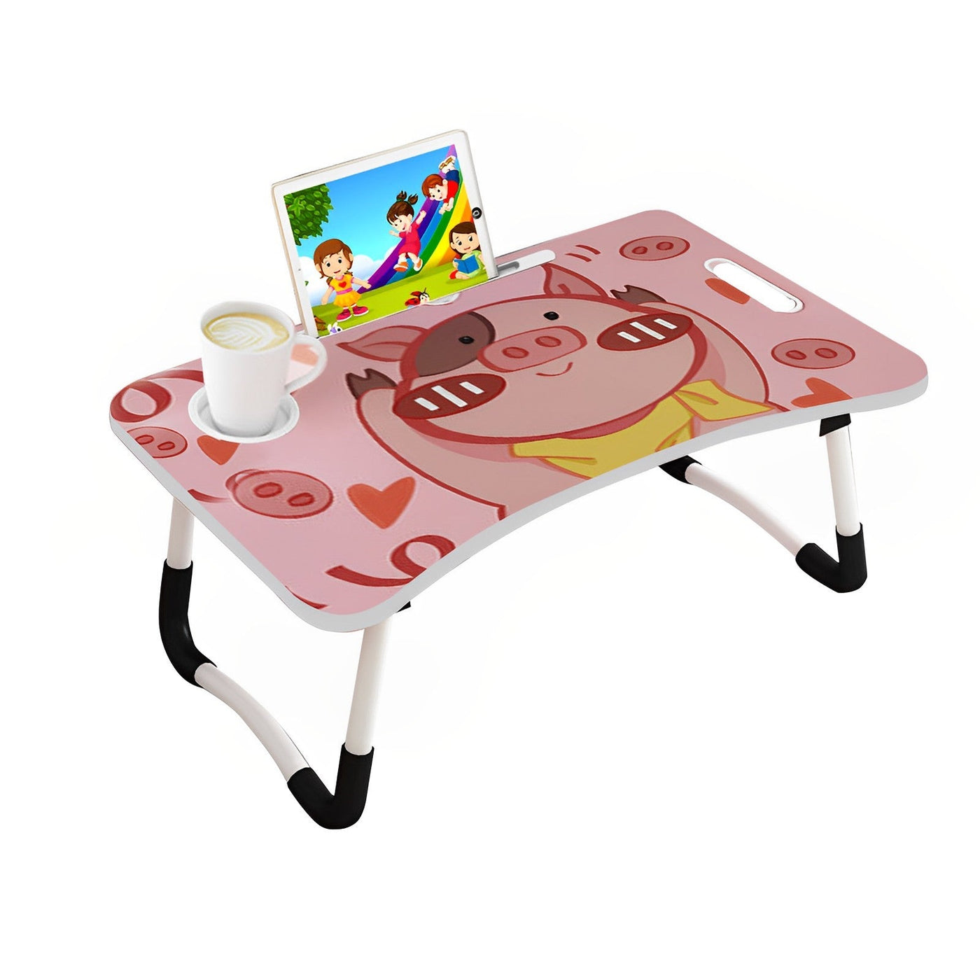 SOGA Cute Pig Design Portable Bed Table Adjustable Foldable Bed Sofa Study Table Laptop Mini Desk with Drawer and Cup Slot Home Decor