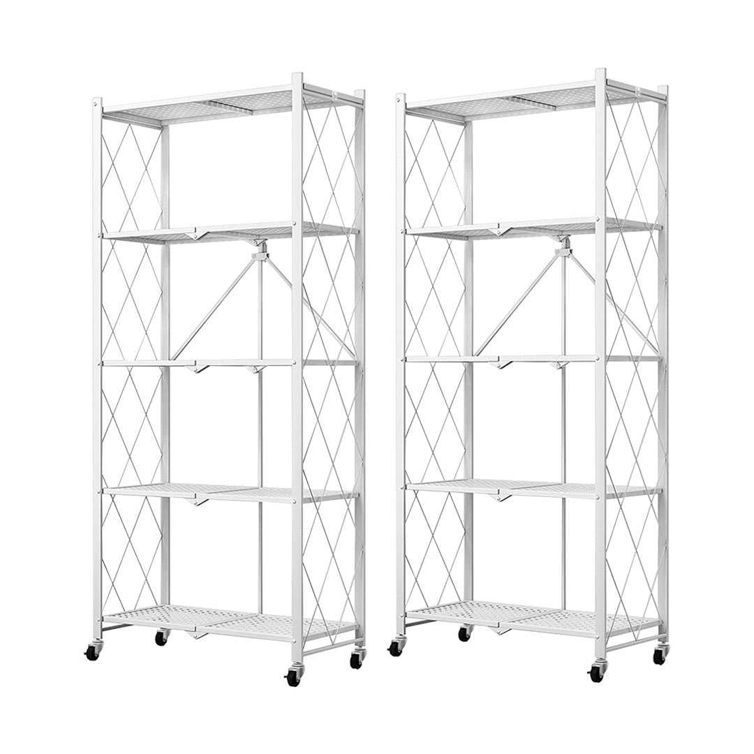 SOGA 2X 5 Tier Steel White Foldable Kitchen Cart Multi-Functional Shelves Storage Organizer with Wheels