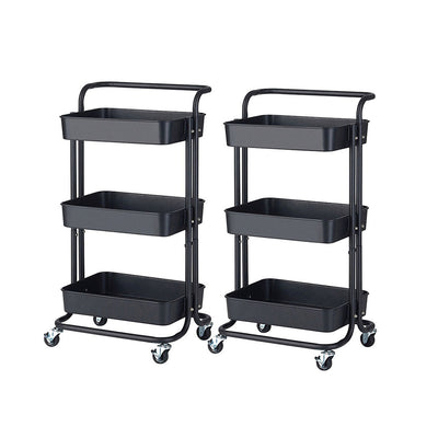 SOGA 2X 3 Tier Steel Black Movable Kitchen Cart Multi-Functional Shelves Storage Organizer with Wheels