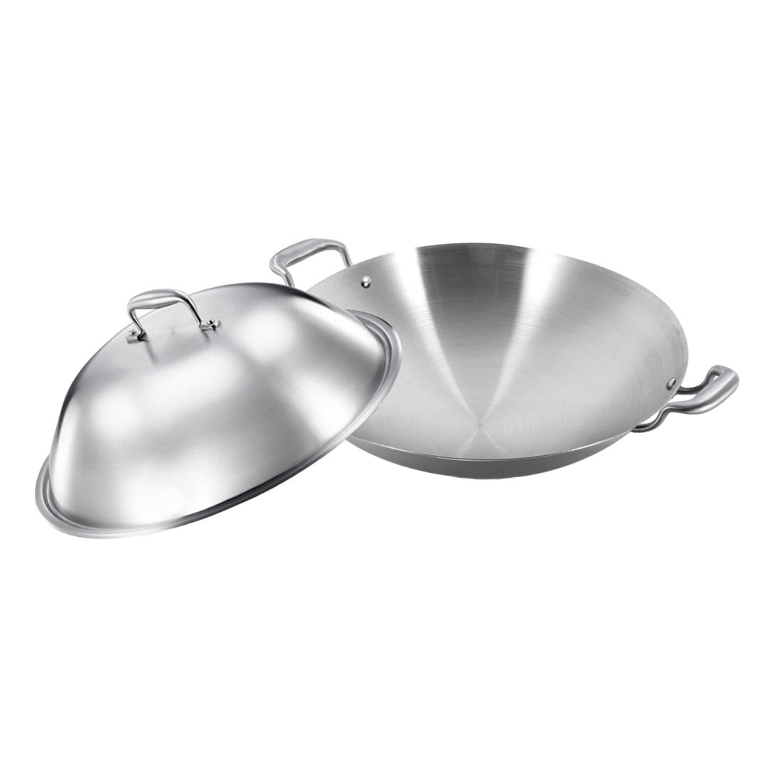 SOGA 3-Ply 42cm Stainless Steel Double Handle Wok Frying Fry Pan Skillet with Lid
