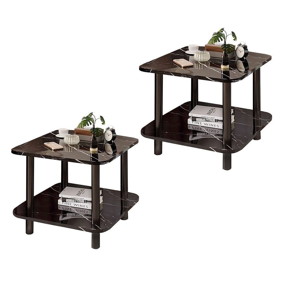 SOGA 2X 70cm Black Ceramic Side Table Stone Pattern Modern Design with Black Metal Legs