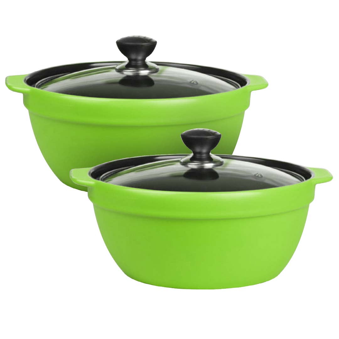 2X 3.5L Ceramic Casserole Stew Cooking Pot with Glass Lid Green