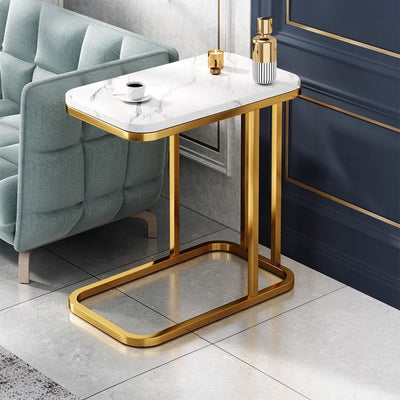 SOGA 2X 30x50cm White Ceramic Sofa Side Square Mini Table w/ Gold Metal Legs