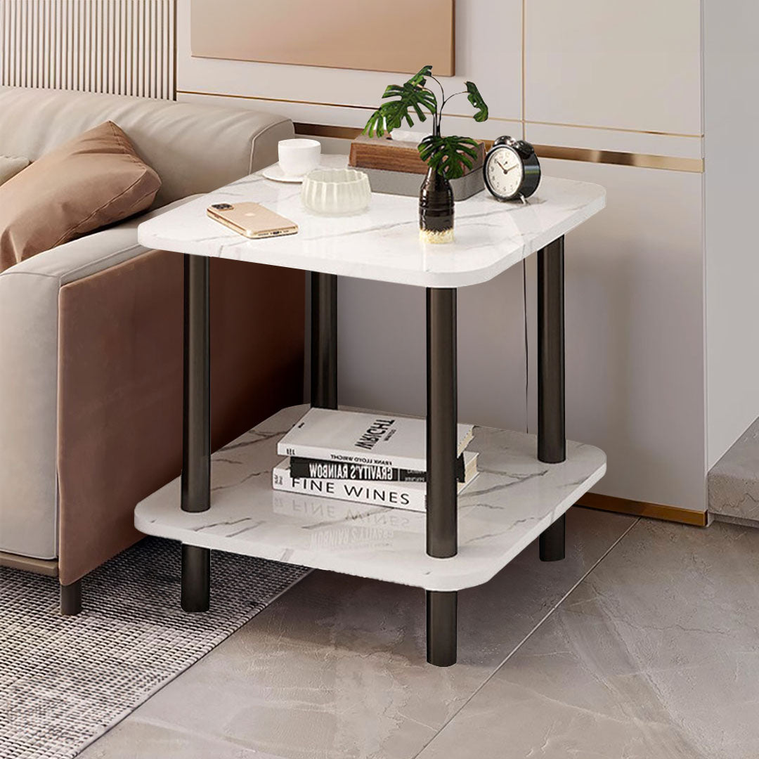 SOGA 2X 70cm White Ceramic Table Stone Pattern Modern Design with Black Metal Legs