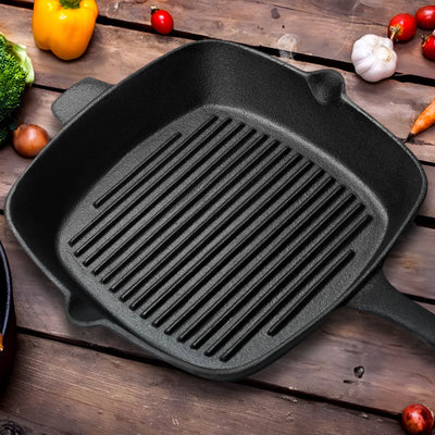 SOGA 26cm Square Ribbed Cast Iron Frying Pan SkilletSteak Sizzle Platter with Handle