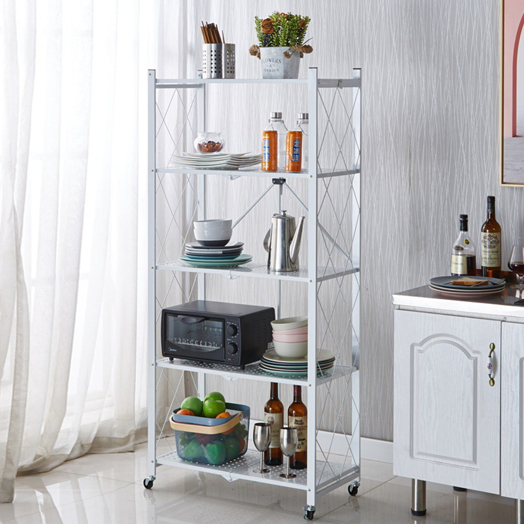 SOGA 2X 5 Tier Steel White Foldable Kitchen Cart Multi-Functional Shelves Storage Organizer with Wheels