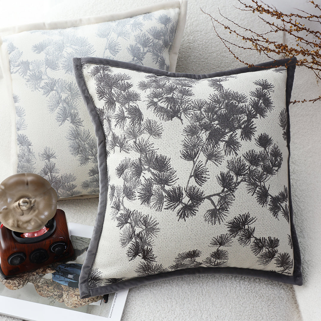 SOGA 2X 45cm Throw Pillow Black and White Wide Border with Branch and Pine Needle Design Pattern Home Decor