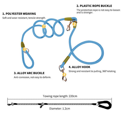 SOGA 2X 220cm Multifunction Hands-Free Rope Pet Cat Dog Puppy Double Ended Leash for Walking Training Tracking Obedience Blue