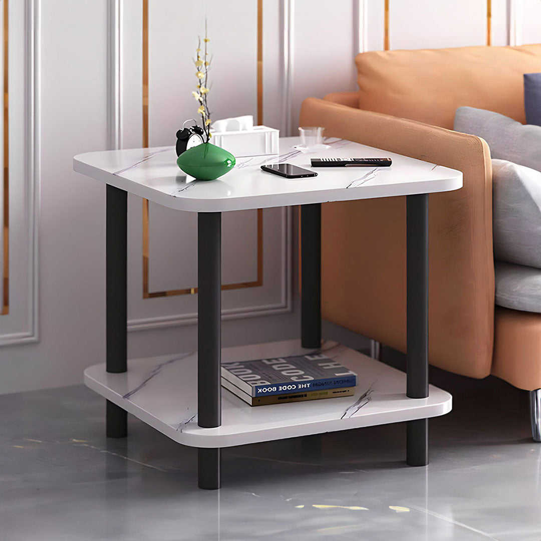 SOGA 2X 60cm White Ceramic Side Table Stone Pattern Modern Design with Metal Legs