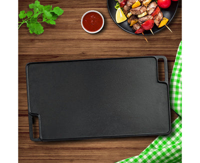 SOGA 45cm Rectangular Cast Iron Portable Fry BBQ Grill Plate Cooking Pan Tray with Handle