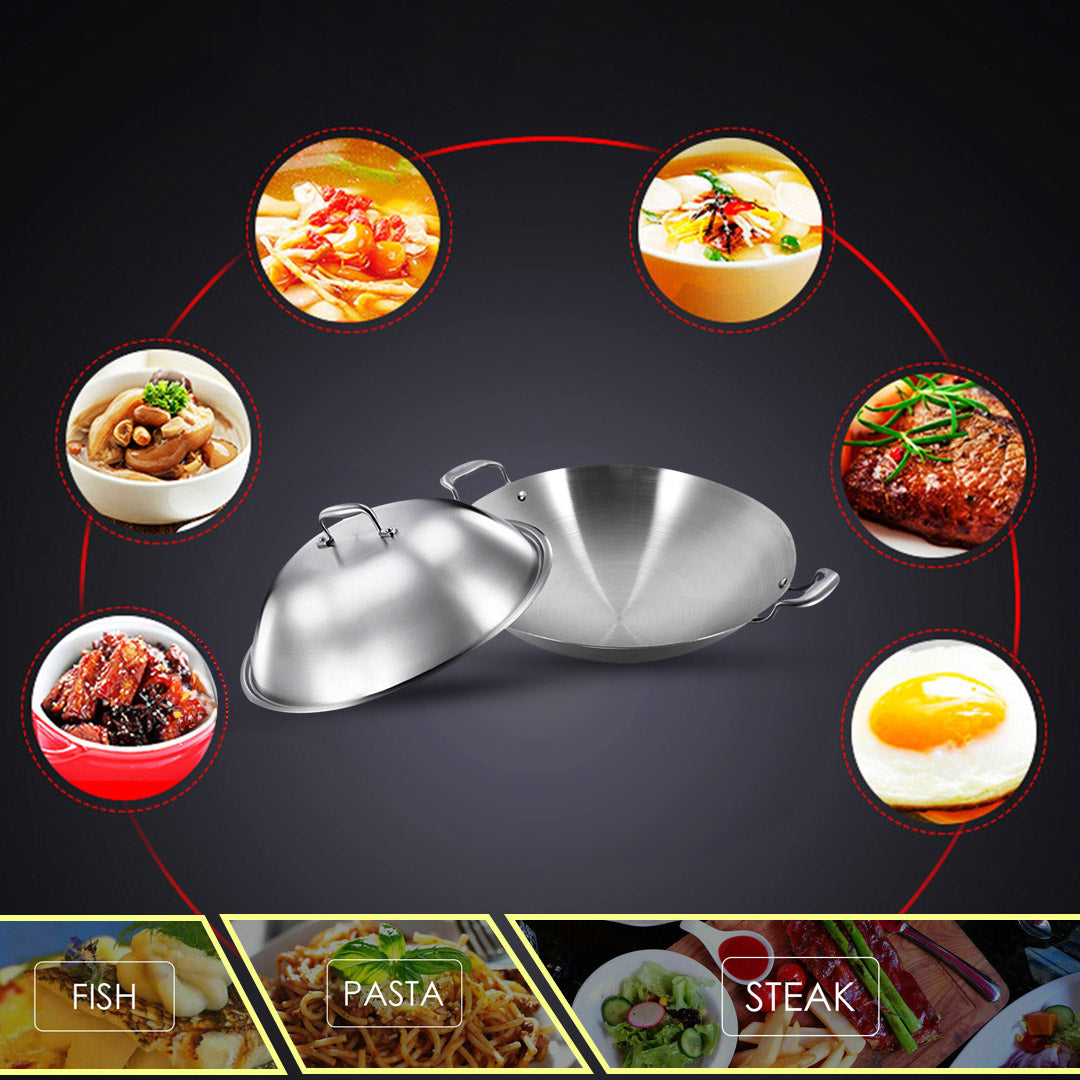 SOGA 3-Ply 42cm Stainless Steel Double Handle Wok Frying Fry Pan Skillet with Lid