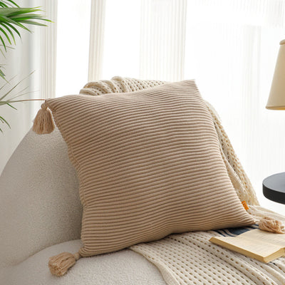 SOGA 2X 45cm Khaki Wabi-Sabi Raised Pillow Cotton Striped Large Tassel Square Pillow Throw Pillow