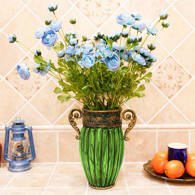 SOGA Green European Colored Glass Home Decor Jar Flower Vase with Two Metal Handle