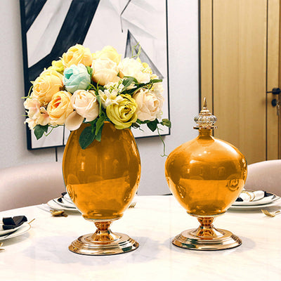 SOGA 3x Ceramic Oval Flower Vase with White Flower Set Yellow