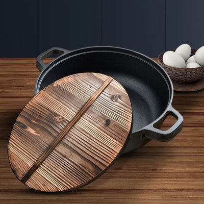 SOGA 2X 35cm Round Cast Iron Pre-seasoned Deep Baking Pizza Frying Pan Skillet with Wooden Lid