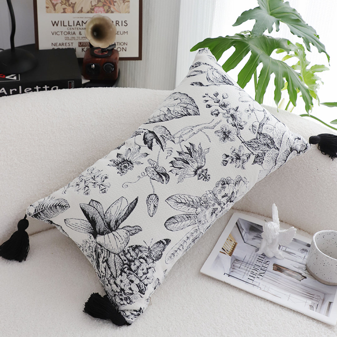 SOGA 2X 35cm Throw Pillow  Black and White Floral Print Elegant with Tassel Accents Home Decor