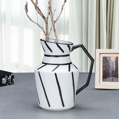 SOGA 23.5x19.5cm Ornament Modern Ceramic Decorative Pitcher Striped Vase with Handle with Geometric Design for Home Décor