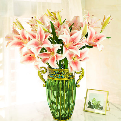 SOGA Green European Colored Glass Home Decor Jar Flower Vase with Two Metal Handle