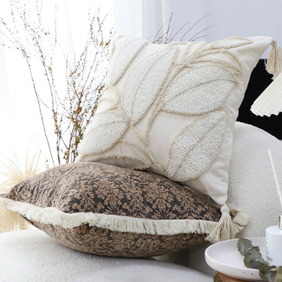 SOGA 45cm Wabi-sabi Cream Flower Cover & Beige Velvet Leaf Ring Square Throw Pillow