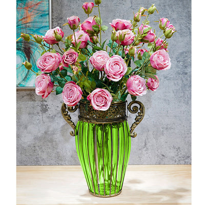 SOGA Green European Colored Glass Home Decor Jar Flower Vase with Two Metal Handle