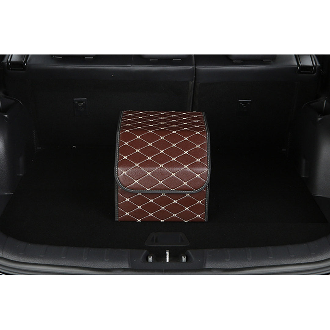 SOGA Leather Car Boot Collapsible Foldable Trunk Cargo Organizer Portable Storage Box Coffee/Gold Stitch Small