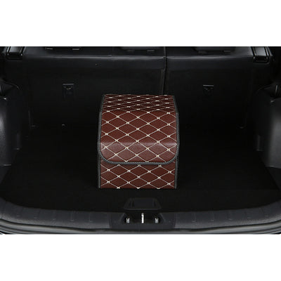 SOGA Leather Car Boot Collapsible Foldable Trunk Cargo Organizer Portable Storage Box Coffee/Gold Stitch Small