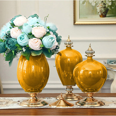 SOGA 3x Ceramic Oval Flower Vase with White Flower Set Yellow