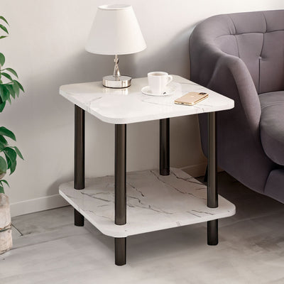 SOGA 2X 60cm White Ceramic Side Table Stone Pattern Modern Design with Metal Legs