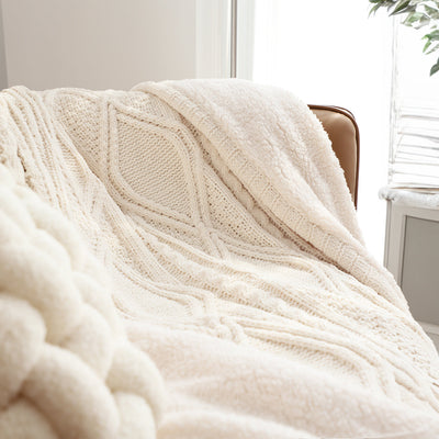 SOGA 200x230cm Throw Blanket White Chenille Fleece Knitted Fabric on One Side Soft Suede