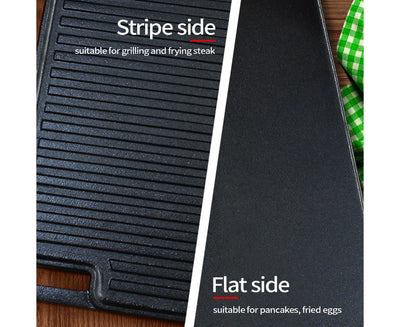 SOGA 45cm Rectangular Cast Iron Portable Fry BBQ Grill Plate Cooking Pan Tray with Handle