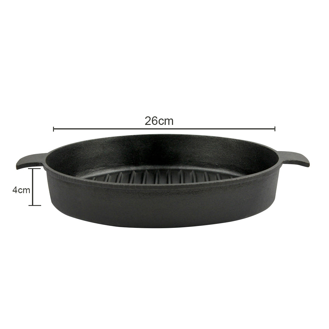 SOGA 26cm Round Ribbed Cast Iron Frying Pan Skillet Steak Sizzle Platter with Handle