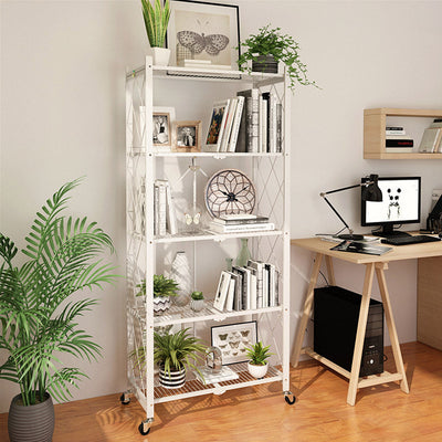 SOGA 2X 5 Tier Steel White Foldable Kitchen Cart Multi-Functional Shelves Storage Organizer with Wheels