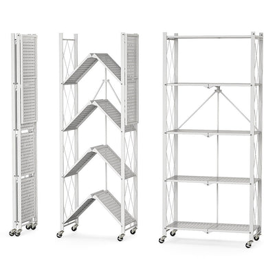 SOGA 2X 5 Tier Steel White Foldable Kitchen Cart Multi-Functional Shelves Storage Organizer with Wheels