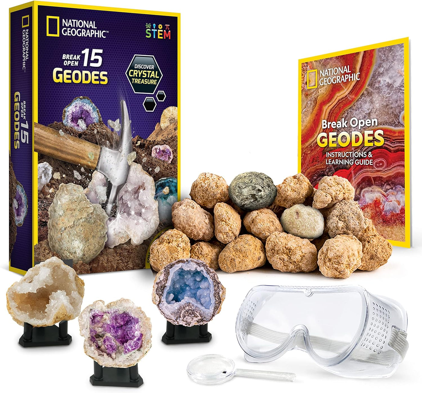NATIONAL GEOGRAPHIC - Break Open 15 Premium Geodes – Includes Goggles, Detailed Learning Guide and 3 Display Stands - Great STEM Science Gift for Mineralogy and Geology Enthusiasts of any Age