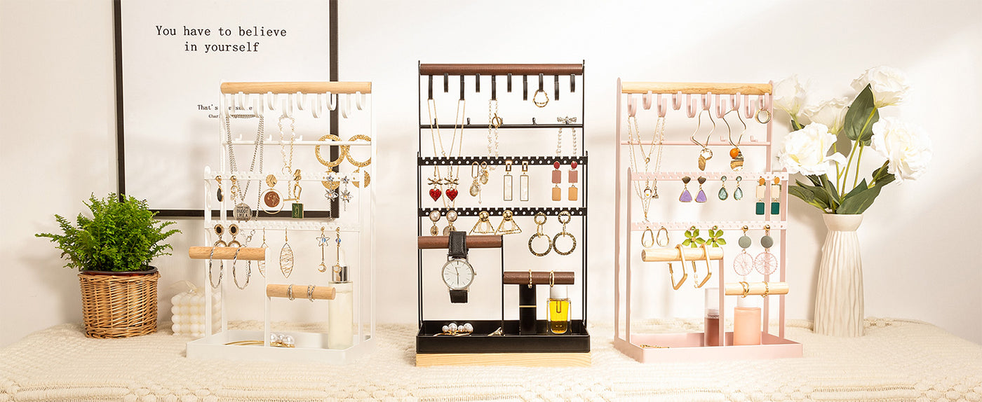 Jewelry Organizer Stand Necklace Organizer Earring Holder, 6 Tier Jewelry Stand Necklace Holder with 15 Hooks, Jewelry Tower Display Rack Storage Tree for Bracelets Earrings Rings -Black