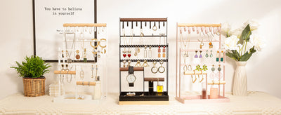 Jewelry Organizer Stand Necklace Organizer Earring Holder, 6 Tier Jewelry Stand Necklace Holder with 15 Hooks, Jewelry Tower Display Rack Storage Tree for Bracelets Earrings Rings -Black
