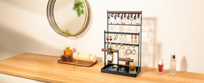 Jewelry Organizer Stand Necklace Organizer Earring Holder, 6 Tier Jewelry Stand Necklace Holder with 15 Hooks, Jewelry Tower Display Rack Storage Tree for Bracelets Earrings Rings -Black