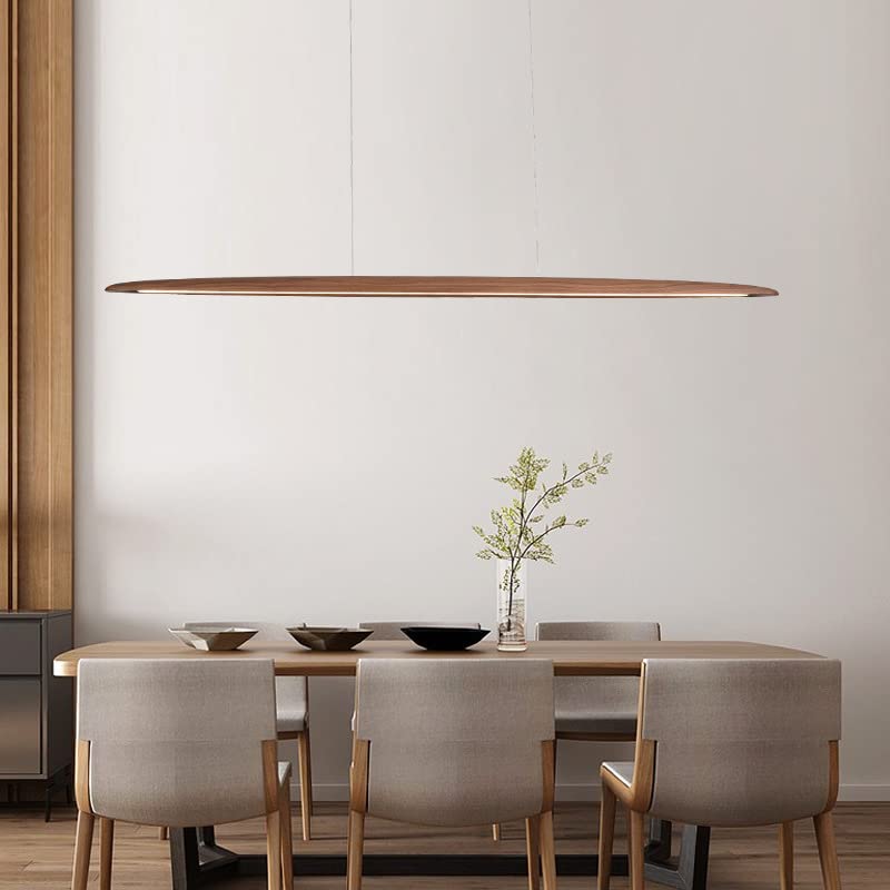 USOR Wood Linear Pendant Light LED Dimmable Chandelier Long Strip Ceiling Hanging Lamp Height Adjustable Dining Room Light for Kitchen Island Walnut Color
