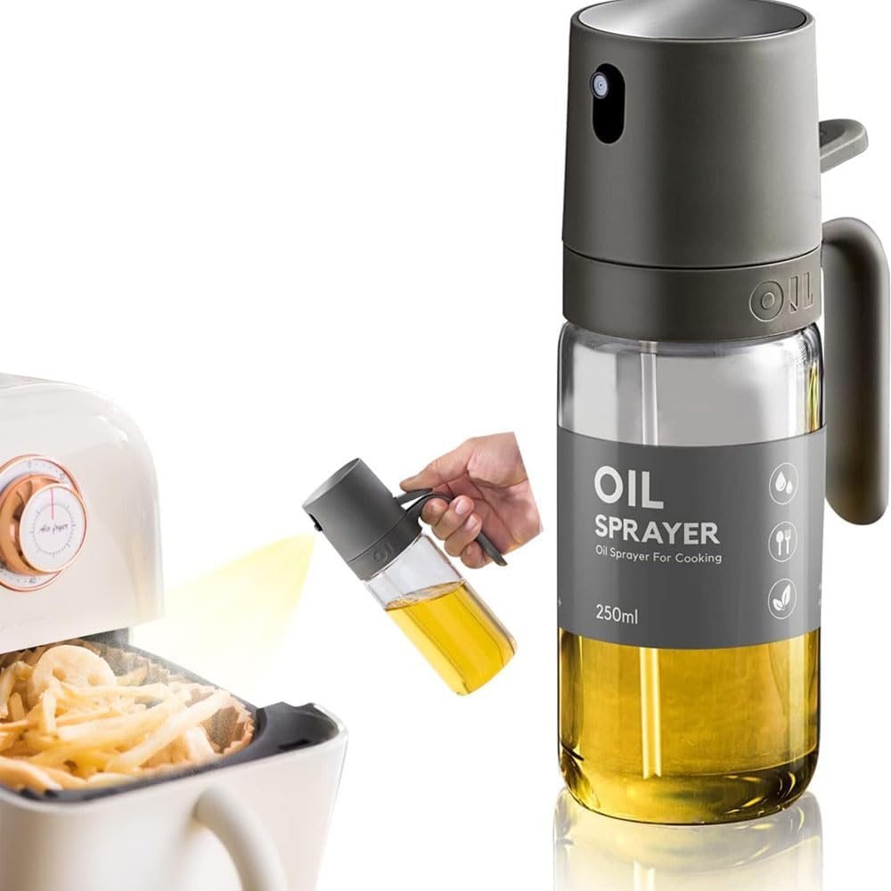 250ml Oil Sprayer Bottle for Cooking, Olive Oil Sprayer Mister, Glass Olive Oil Spray Bottle, Oil Sprayer for Air Fryer, Widely Used for Salad Making, Baking, Frying, BBQ (Dark Gray）