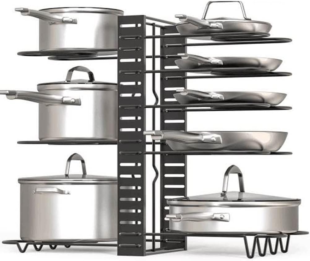 Pot Pan Organiser Rack For Cabinet, Pot Lid Organizer Pan Holder Rack with 3 DIY Methods, Cookware Rack for Kitchen Cupboard Pantry, Height and Position Adjustable, Stainless steel