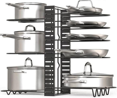 Pot Pan Organiser Rack For Cabinet, Pot Lid Organizer Pan Holder Rack with 3 DIY Methods, Cookware Rack for Kitchen Cupboard Pantry, Height and Position Adjustable, Stainless steel