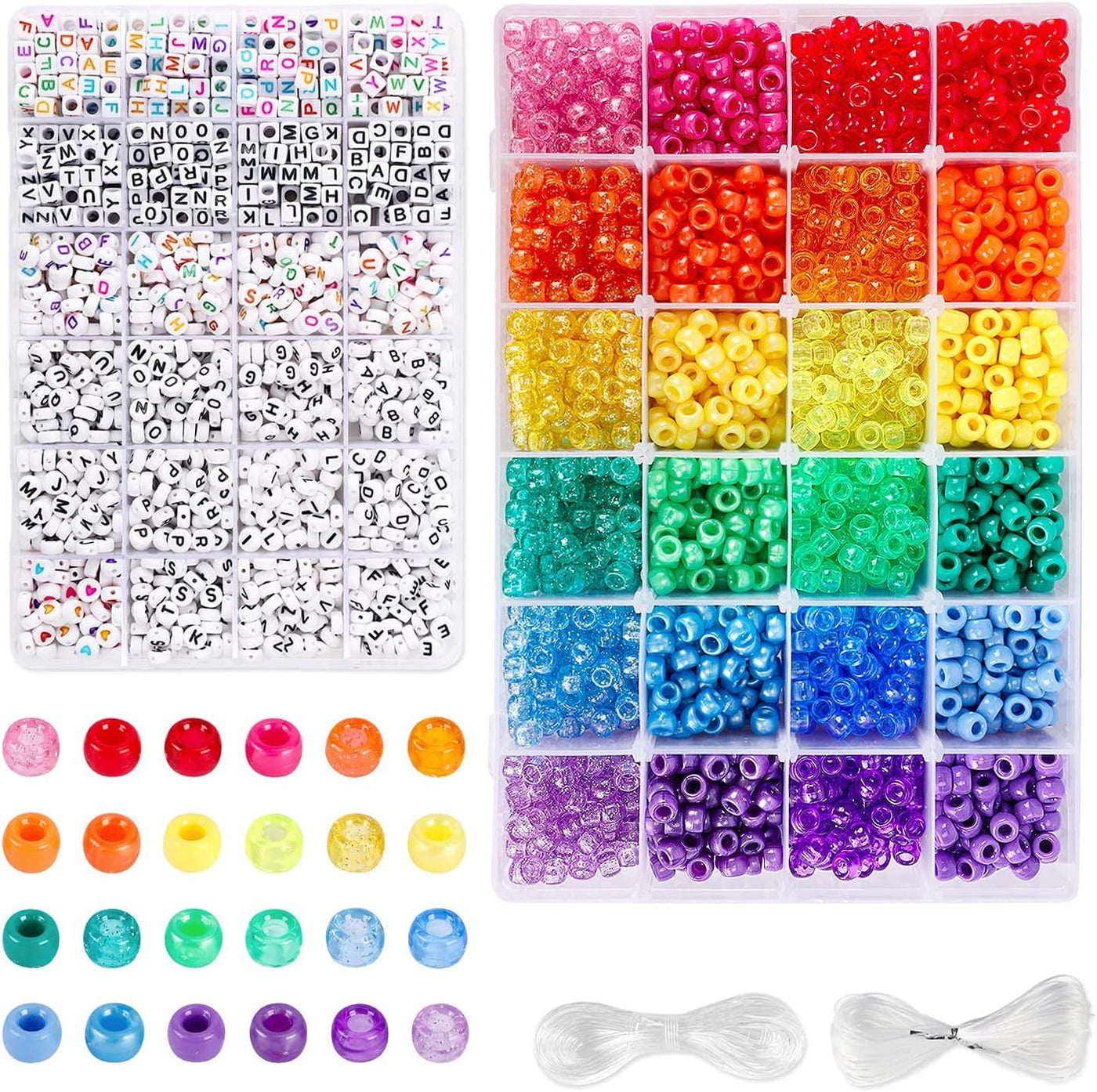 4000pcs Pony Beads Kit, 2400pcs Rainbow Kandi Beads and 1600pcs Letter Beads, 24 Colors Plastic Craft Beads Bulk for Bracelets Jewelry Making with 20m Crystal String and 30m Elastic String