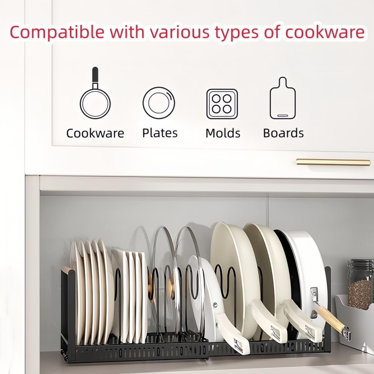 Pot Pan Organiser Rack For Cabinet, Pot Lid Organizer Pan Holder Rack with 3 DIY Methods, Cookware Rack for Kitchen Cupboard Pantry, Height and Position Adjustable, Stainless steel